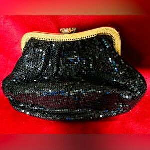 Whiting & Davis Elegant Vintage Black Mesh Clutch with Gold Accents